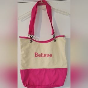 Thirty One Canvas Crew Carry-all Tote Bag Ivory & Pink  Large Believe